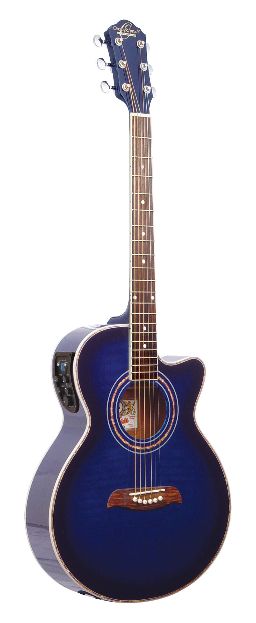 Oscar Schmidt OG10CEFTBL-A Folk Cutaway Acoustic Electric Guitar. Flame Trans Blue