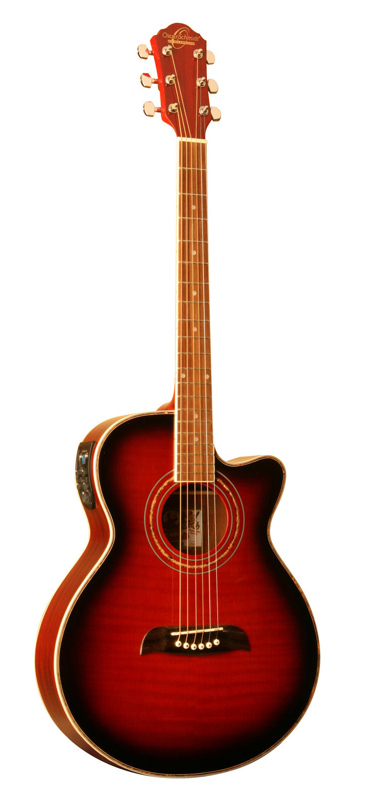 Oscar Schmidt OG10CEFTR-A Folk Cutaway Acoustic Electric Guitar. Trans Red