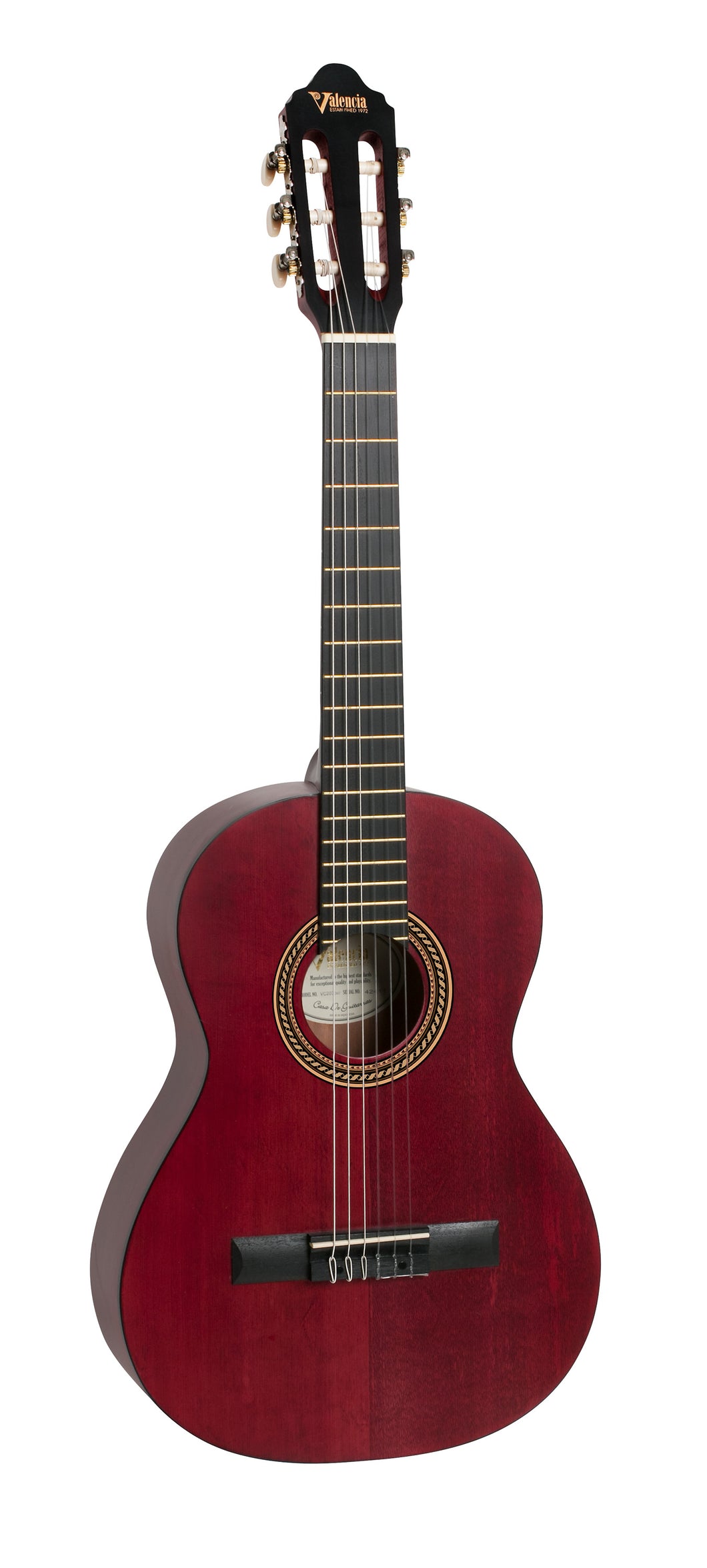 Valencia VC203 200 Series 3/4 Size Classical Guitar. Transparent Wine Red
